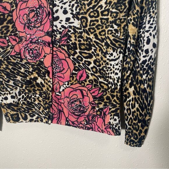 Boston Proper Animal Print Floral Jewled Button Front Cardigan Women's Size M - Picture 11 of 16